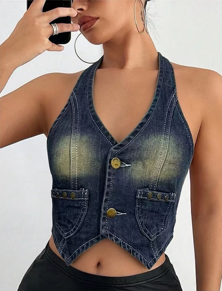 Damen Denim Bustier-Jacke mit Knopfdetails und aufgesetzten Taschen Drune