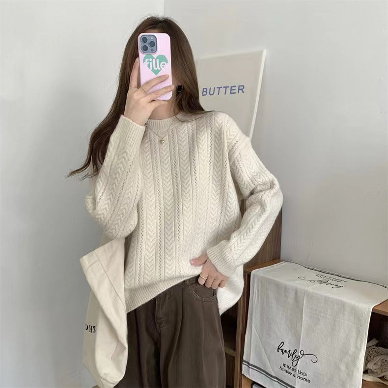 Damen Grobstrickpullover mit modernem Zopfmuster und hohem Rundhalsausschnitt Drune