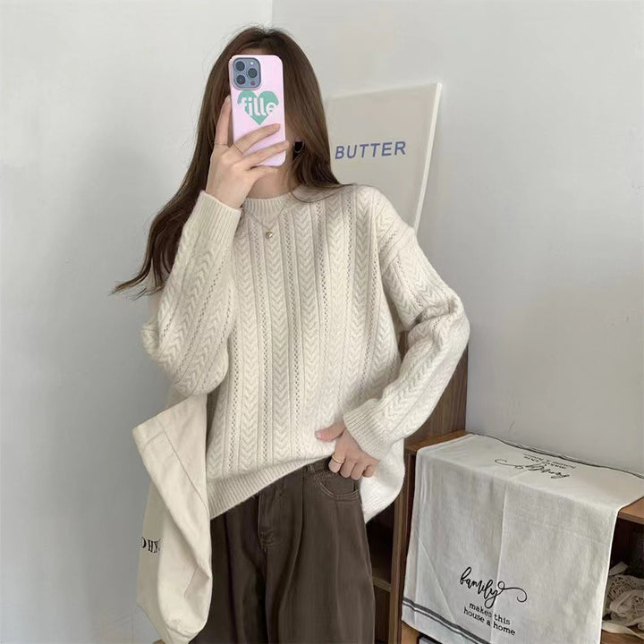 Damen Grobstrickpullover mit modernem Zopfmuster und hohem Rundhalsausschnitt Drune
