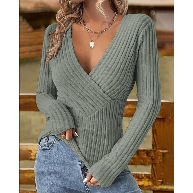 Damen eleganter und figurbetonender Rippenpullover mit V-Ausschnitt Drune