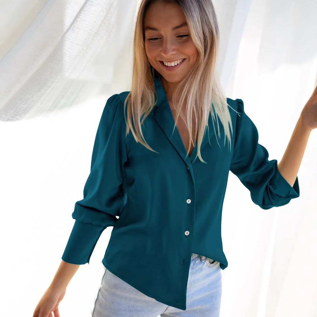 Damen Elegante Seidenbluse mit tiefem V-Ausschnitt und klassischem Kragen Drune
