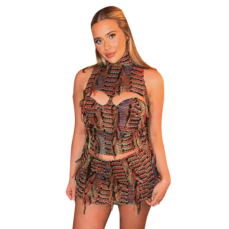 Damen Dekoratives Wickelkleid mit fransigen Details und hohem Kragen Drune