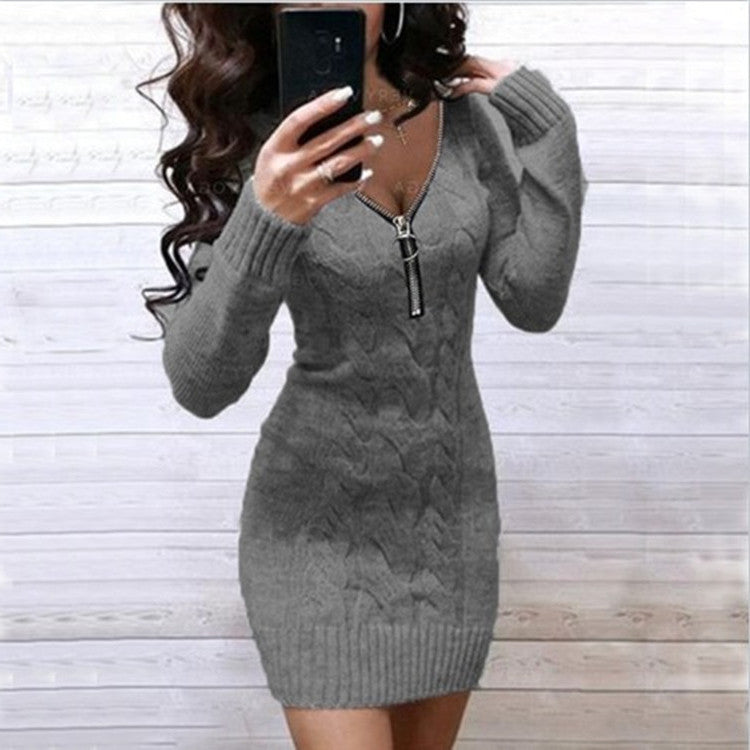 Damen Strickkleid mit detailreicher Zipper-Front und stilvollem Rautenmuster Drune