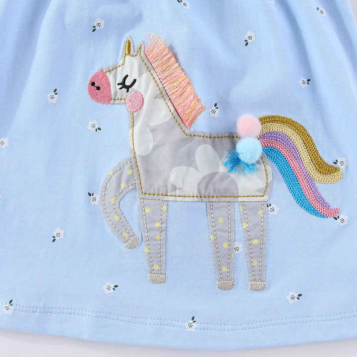 Mädchen Baumwollkleid mit süßer Einhorn-Stickerei Drune