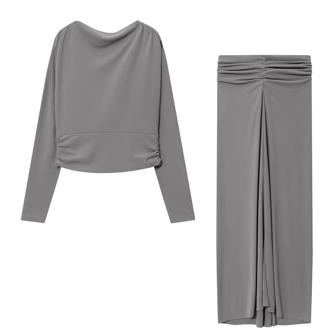 Damen elegantes Set aus lässigem Oberteil und schicker Maxi-Rock Drune