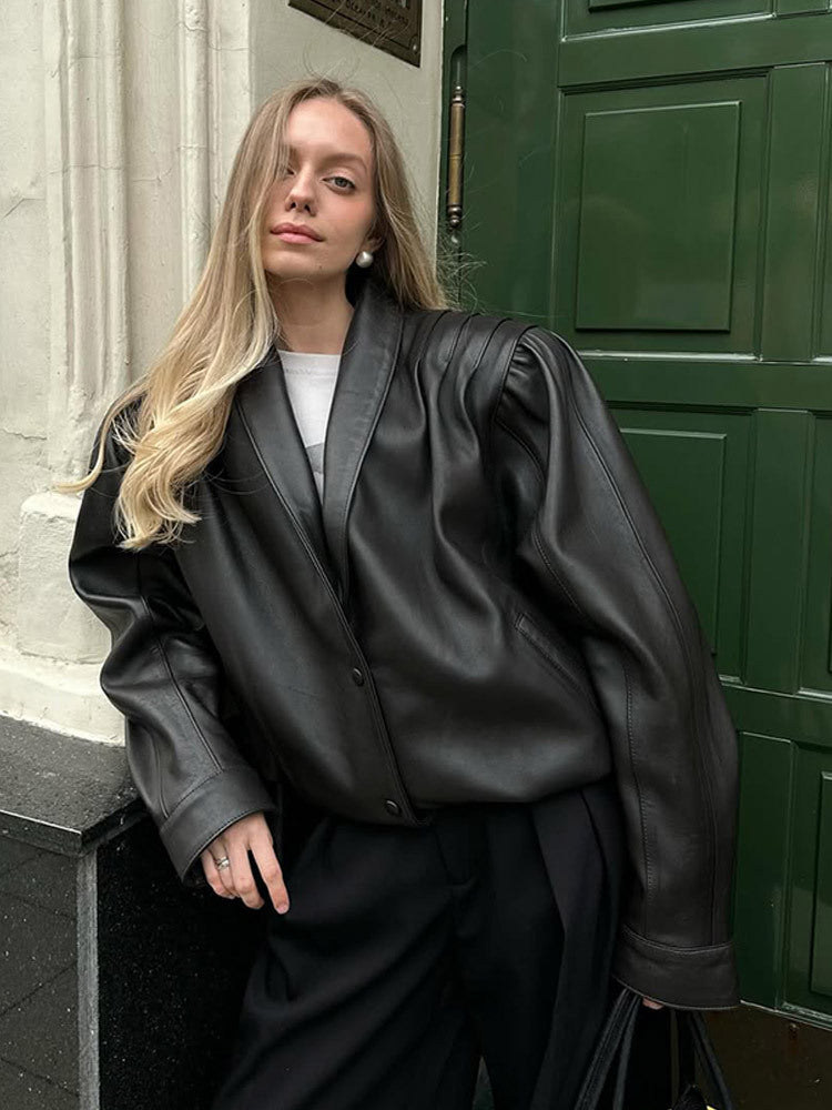 Damen lässige Kunstlederjacke mit voluminösen Ärmeln Drune