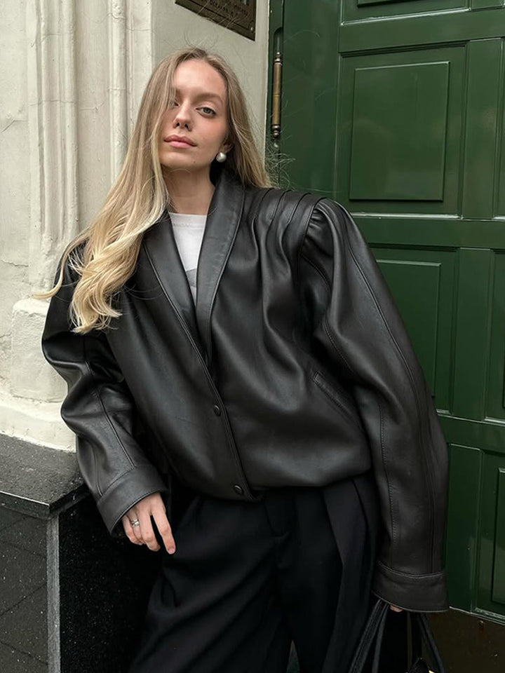 Damen lässige Kunstlederjacke mit voluminösen Ärmeln Drune