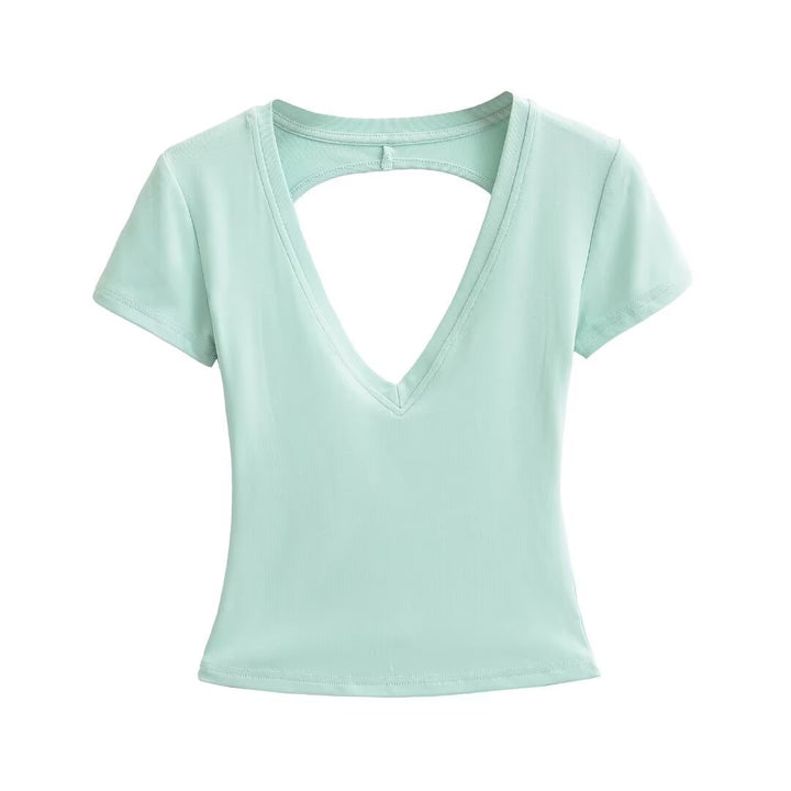 Damen modisches V-Ausschnitt T-Shirt mit offenem Rücken Drune