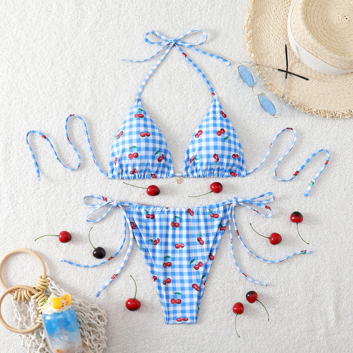 Damen bunter Karo-Bikini mit frechem Kirschmuster Drune