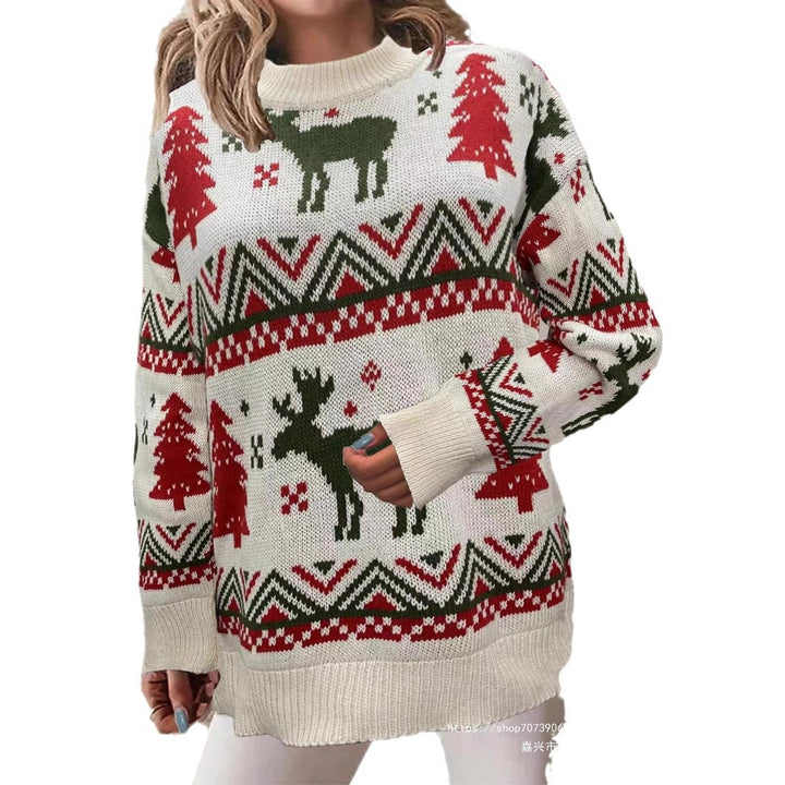 Damen Gemütlicher Weihnachts-Pullover mit festlichem Motiv und hoher Passform Drune