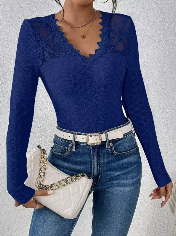 Damen Elegantes Spitze-Top mit V-Ausschnitt Drune