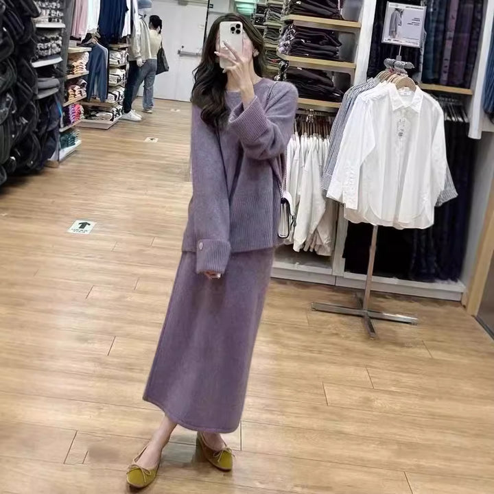 Damen gemütliches Strickensemble mit Pullover und Maxi-Rock Drune