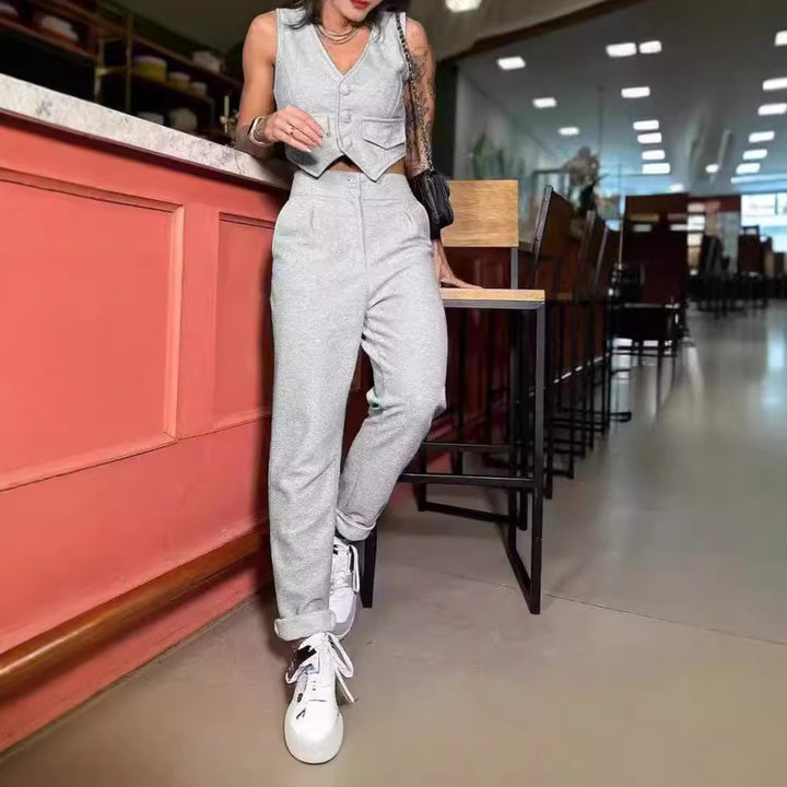 Damen Bequemes Lounge-Set mit Knopfdetails und weitem Bein Drune