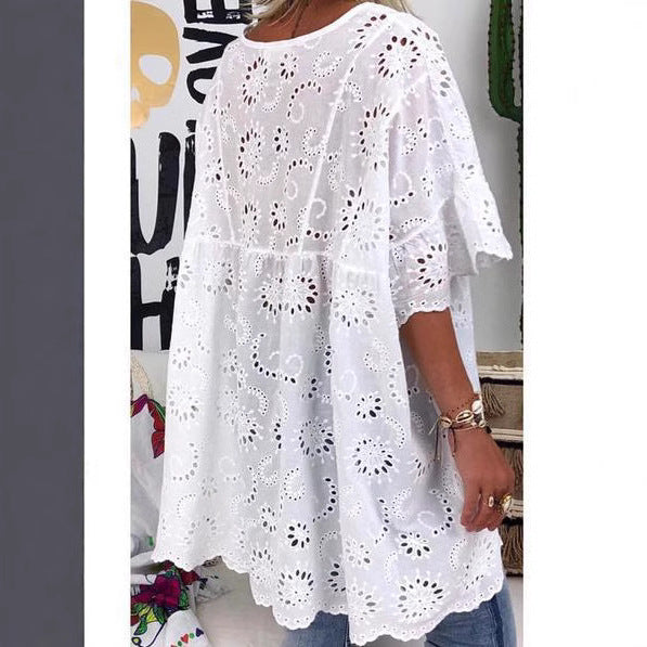 Damen Bluse mit floralen Stickereien und weiten Ärmeln Drune