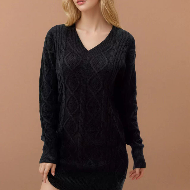 Damen Strickkleid mit tiefem V-Ausschnitt und strukturiertem Design Drune
