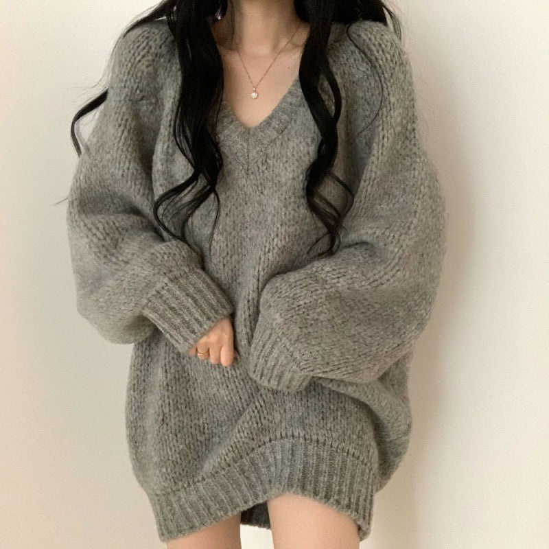 Damen lässiger oversized Pullover mit tiefem V-Ausschnitt und weichem Strickmaterial Drune