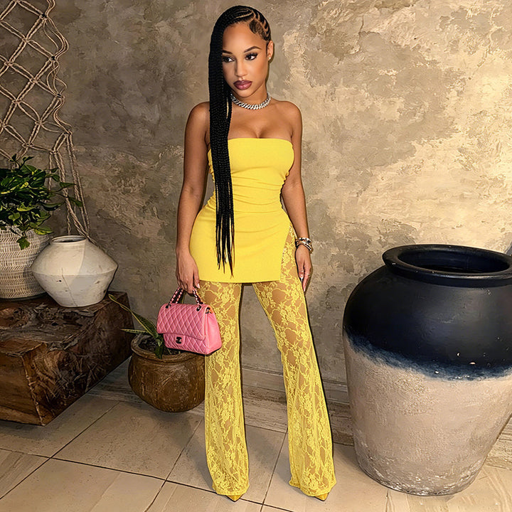 Damen Hochwertiger Jumpsuit mit Lagenlook und Spitzenakzenten Drune
