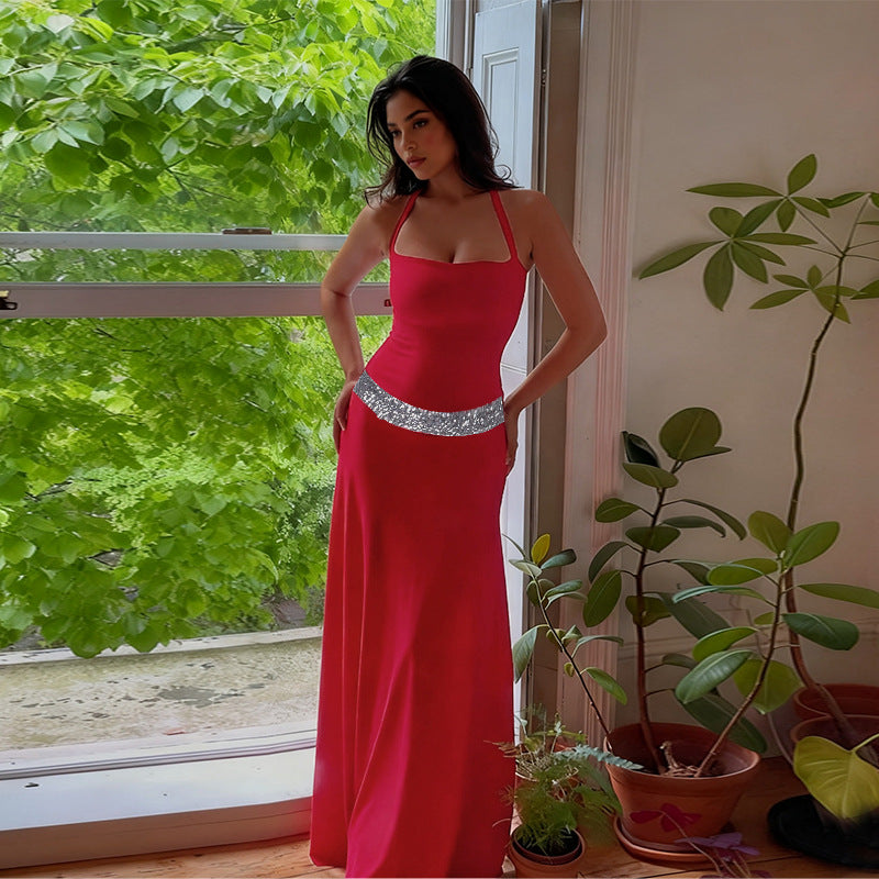 Damen elegantes Maxikleid mit schimmerndem Halterdesign und glitzerndem Taillengürtel Drune