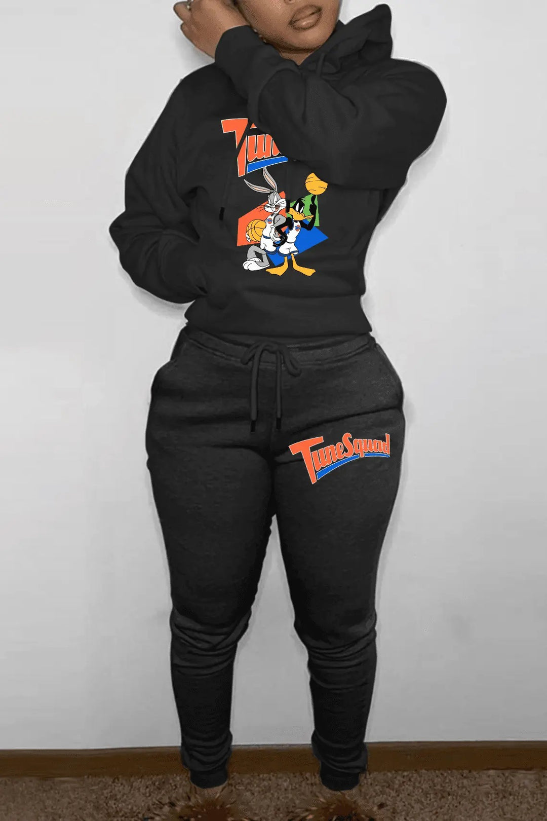 Damen Hoodie- und Jogginghose-Set mit energischem Cartoon-Motiv Drune