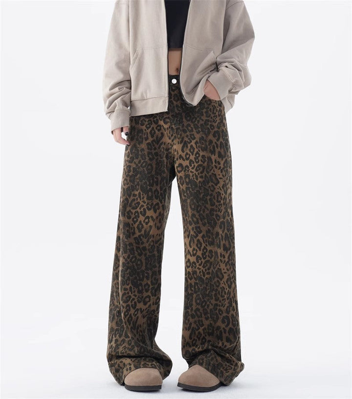 Damen Weite Leoparden-Jeans mit lässigem Schnitt und hoch tailliertem Design Drune