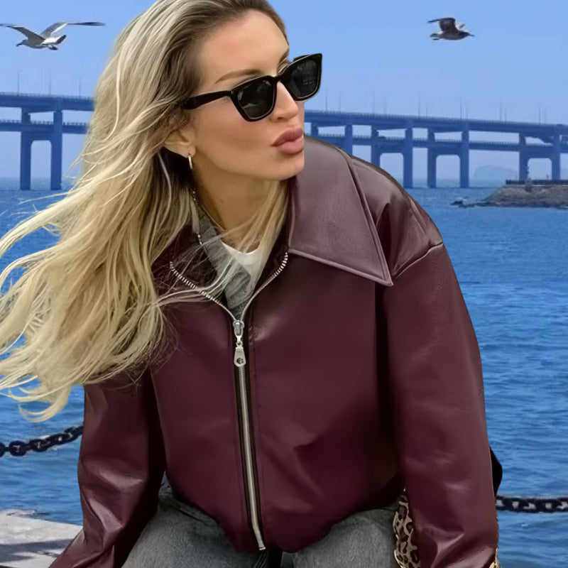 Damen Kunstlederjacke mit Stehkragen und voluminösen Ärmeln Drune