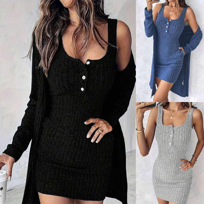 Damen Strickkleid mit Knopfdetails und passendem Cardigan Drune