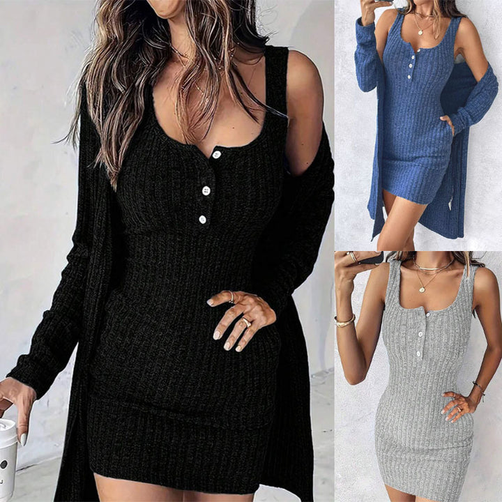 Damen Strickkleid mit Knopfdetails und passendem Cardigan Drune