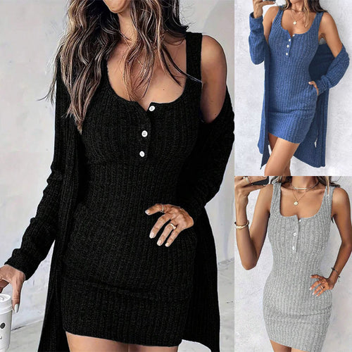 Damen Strickkleid mit Knopfdetails und passendem Cardigan Drune