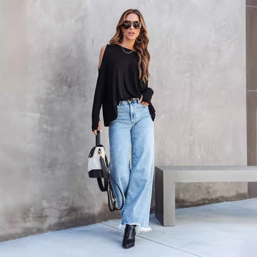 Damen lässiges Longsleeve Shirt mit Schlitzen Drune