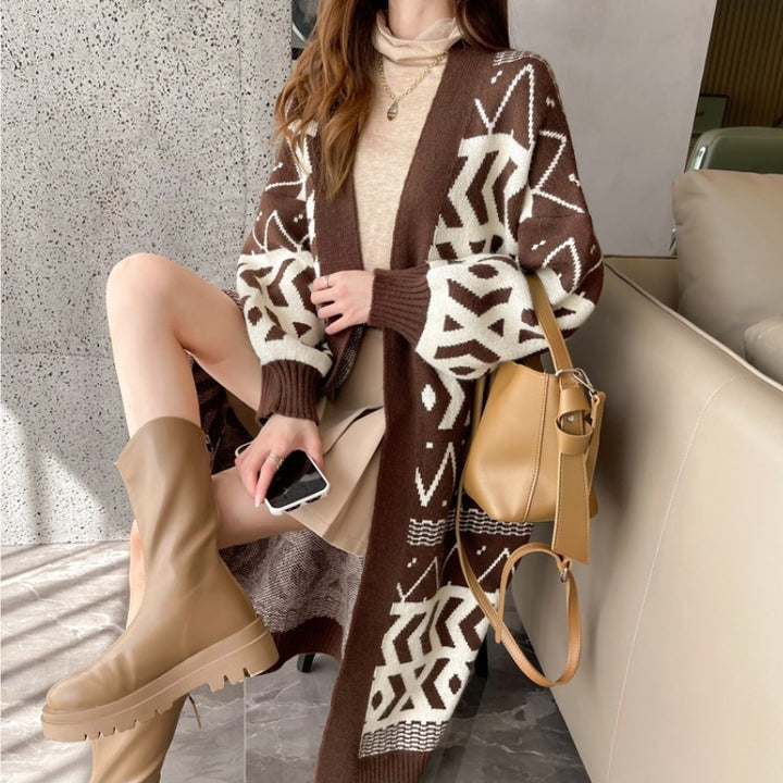 Damen modischer Strickcardigan mit geometrischem Design und lockerem Schnitt Drune