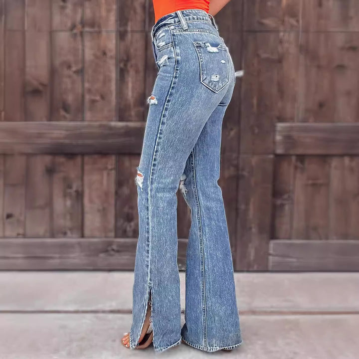 Damen High-Waist Flared Jeans mit Destroyed-Effekten und seitlichem Schlitz Drune