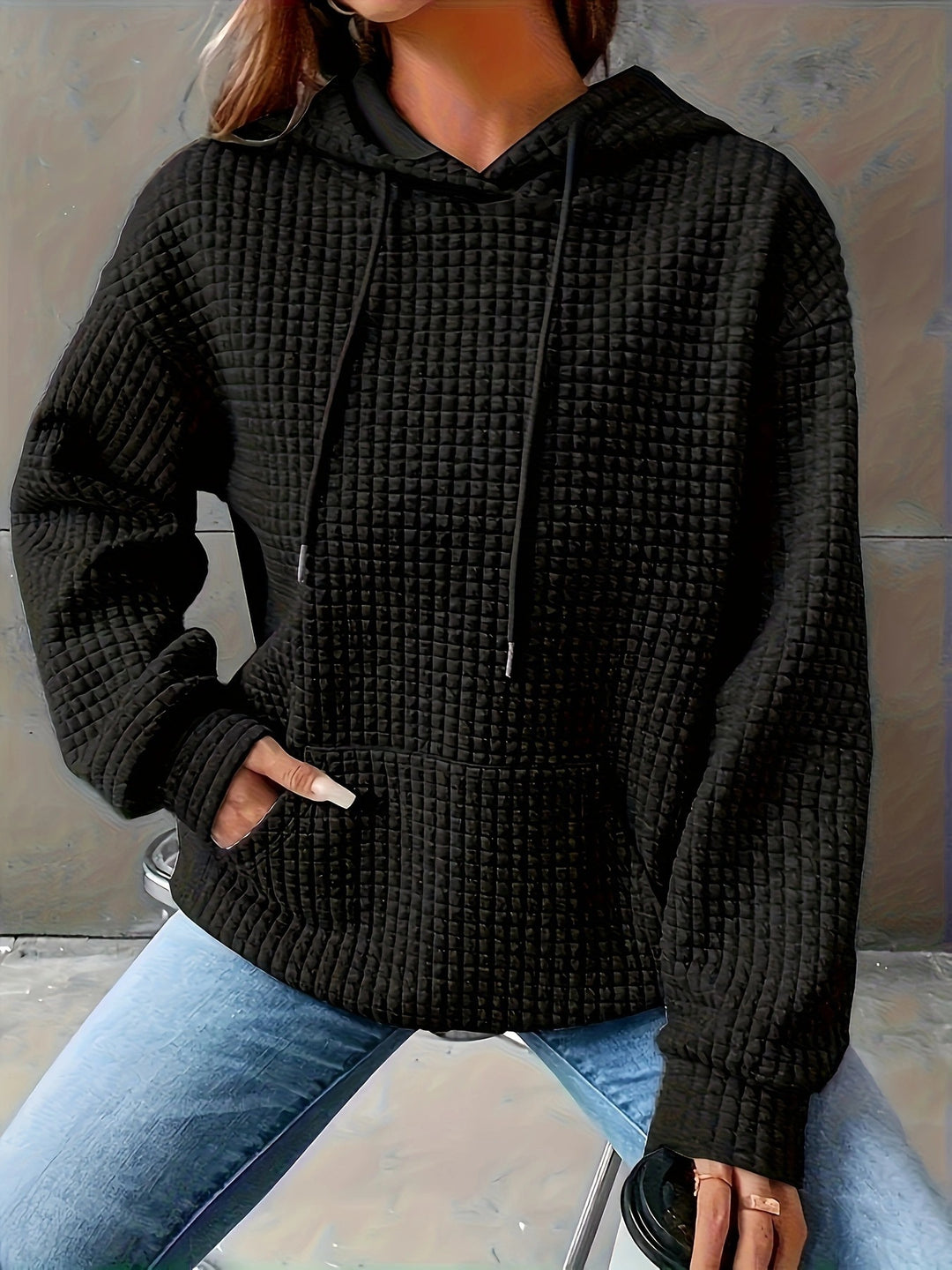 Damen Kapuzenpullover im strukturierten Waffelmuster mit seitlichen Eingrifftaschen Drune