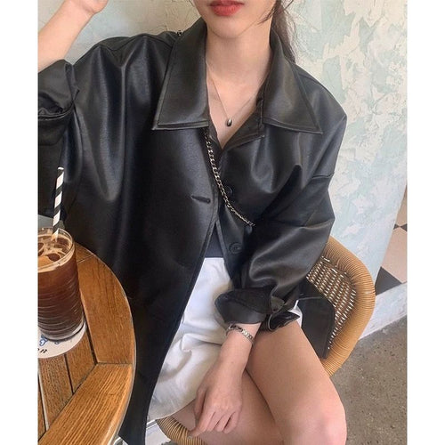 Damen Modische Lederjacke im Oversized-Stil mit klassischem Kragen und dekorativen Knöpfen Drune