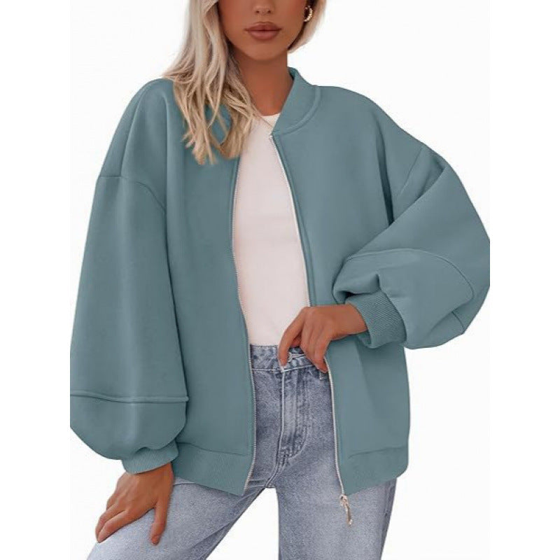 Damen lässige Oversized-Jacke mit Reißverschluss und ballonen Ärmeln Drune