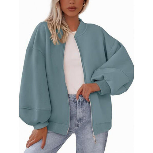 Damen lässige Oversized-Jacke mit Reißverschluss und ballonen Ärmeln Drune