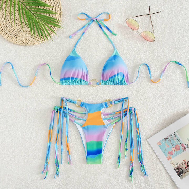 Damen Triangel-Bikini mit modischen Schnüroptik und schimmernden Ringdetails Drune