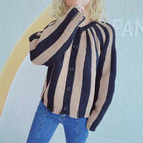 Damen modische Strickjacke mit vertikalen Blockstreifen Drune