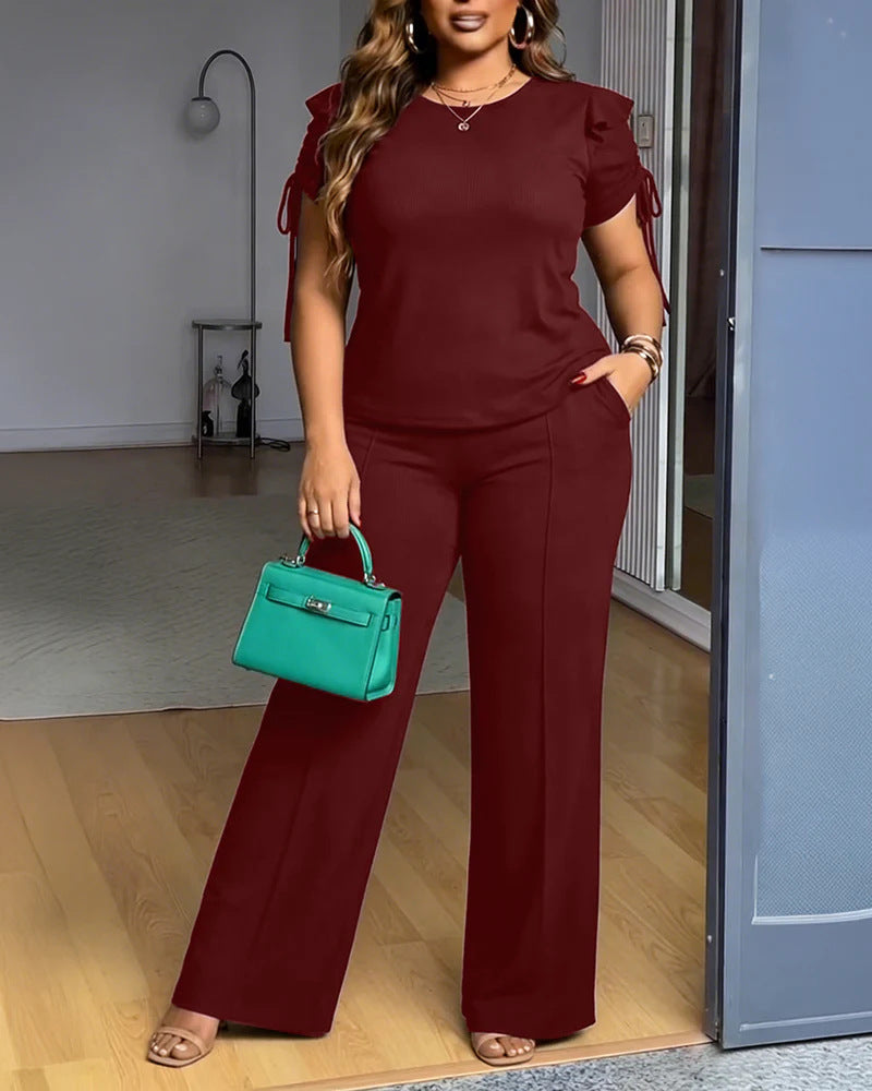 Damen Elegantes Freizeit-Anzugset mit Rüschendetails und weitem Schnitt Drune