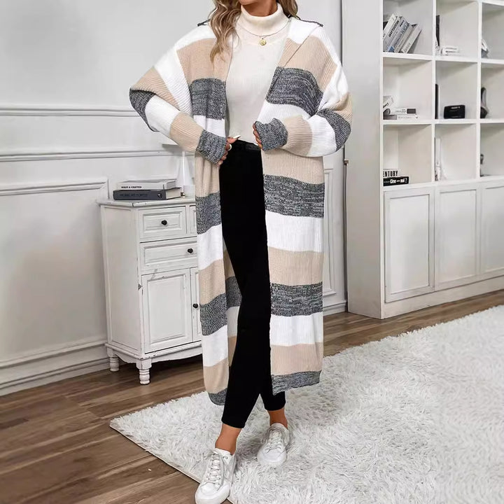 Damen Langer Strickcardigan mit modischem Streifenmuster und lässigem Schnitt Drune
