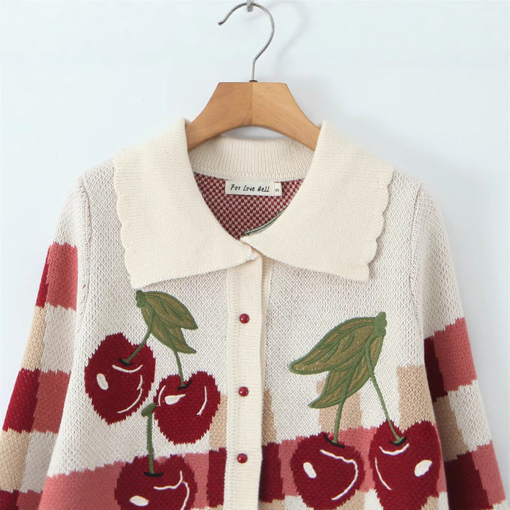 Damen cropped Strickjacke mit Kirschenmuster und durchgehendem Knopfverschluss Drune