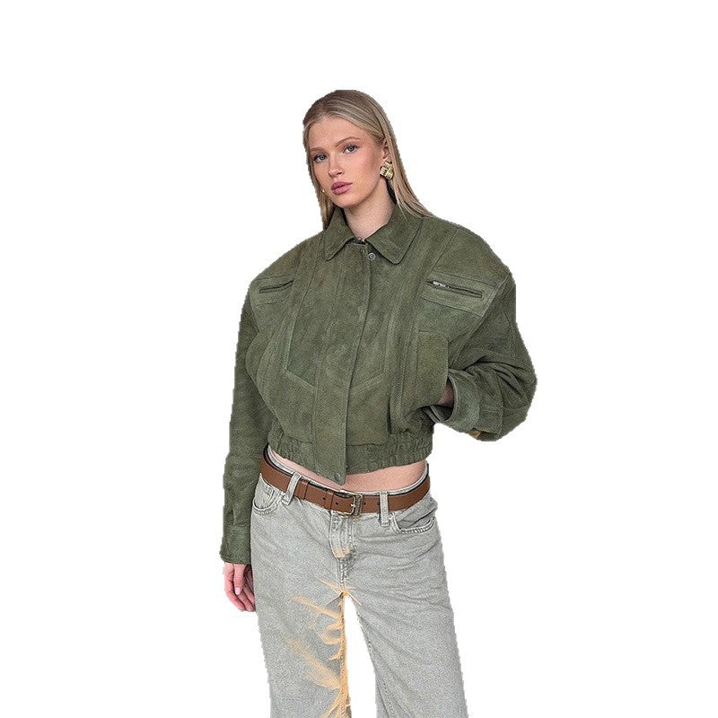 Damen modische Suede-Bomberjacke mit voluminösen Ärmeln Drune
