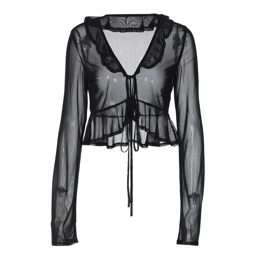 Damen Transparente Bluse mit Rüschendetails und Kordelzug Drune