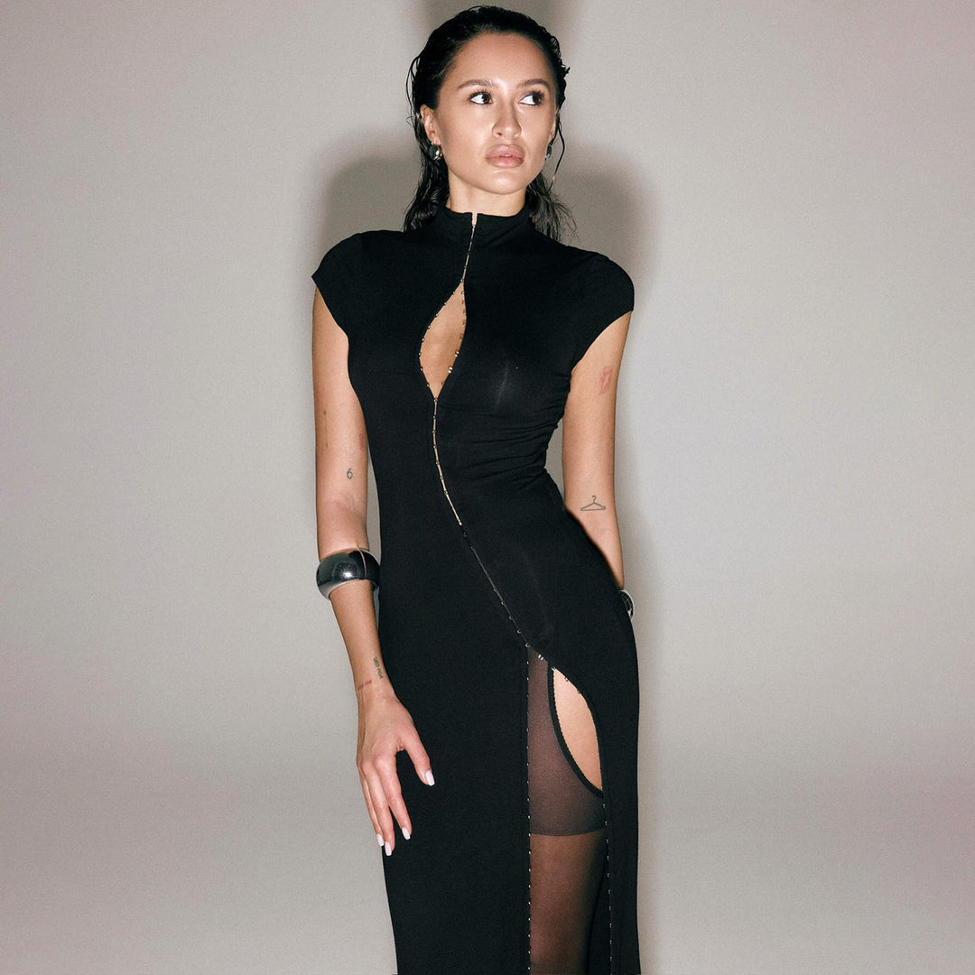 Damen Elegantes Wickelkleid mit hochgeschlossenem Kragen und schmaler Silhouette Drune