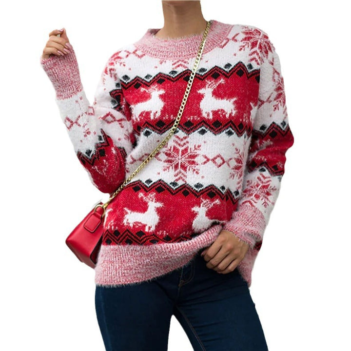 Damen Strickpullover mit festlichem Rentier- und Schneeflockenmotiv Drune