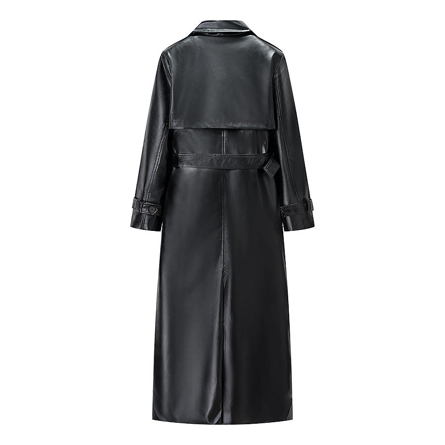 Damen elegante Kunstleder-Trenchjacke mit Bindegürtel Drune