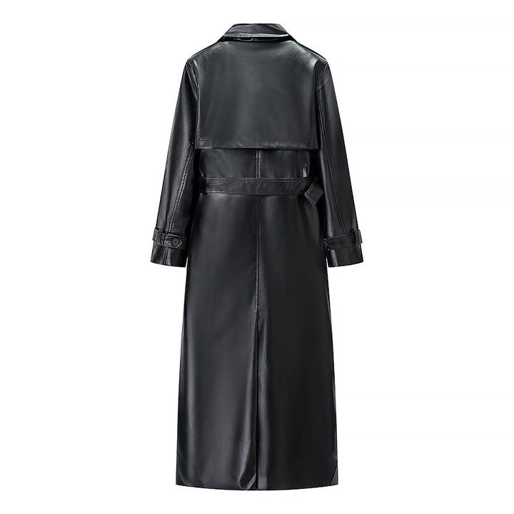 Damen elegante Kunstleder-Trenchjacke mit Bindegürtel Drune