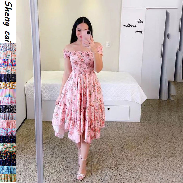 Damen Sommerliches Off-Shoulder Kleid mit farbenfrohem Schmetterlingsmuster und geschmeidigem Faltenwurf Drune