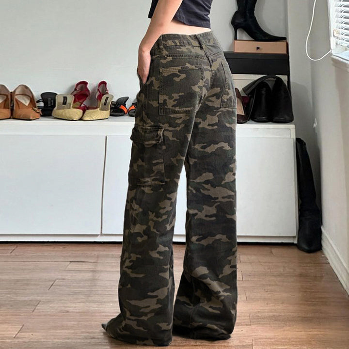 Damen nan weite Cargo-Hose mit Camouflage-Print, hoher Taille und mehreren aufgesetzten Beintaschen Drune
