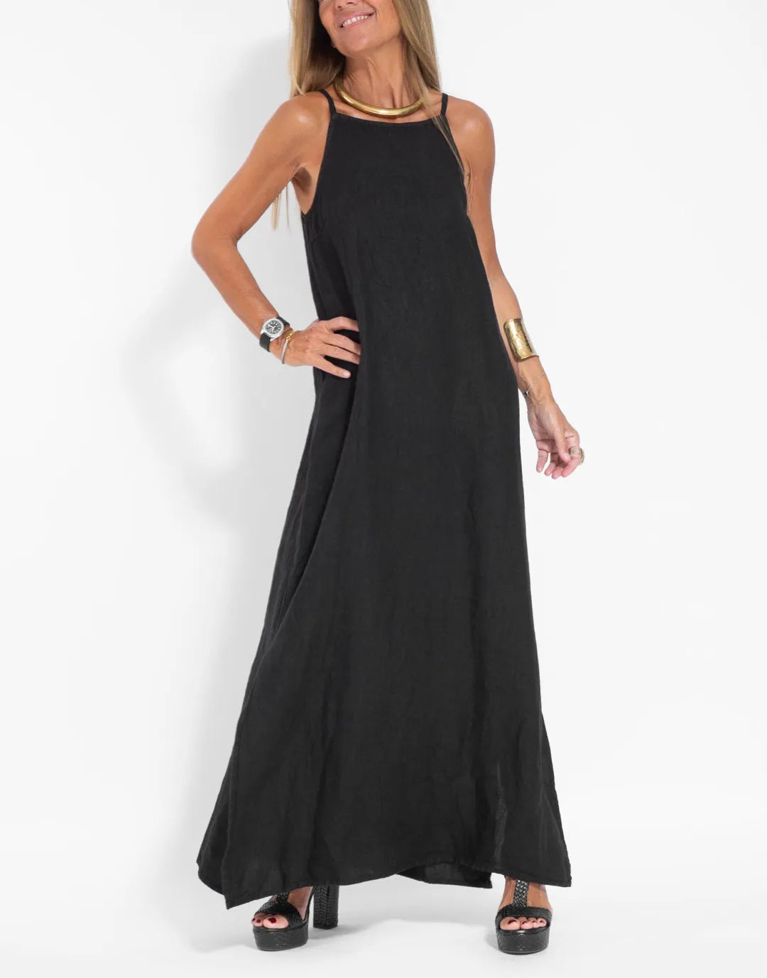 DamenMaxikleid aus leichtem Leinenstoff mit verstellbaren Spaghettiträgern Drune