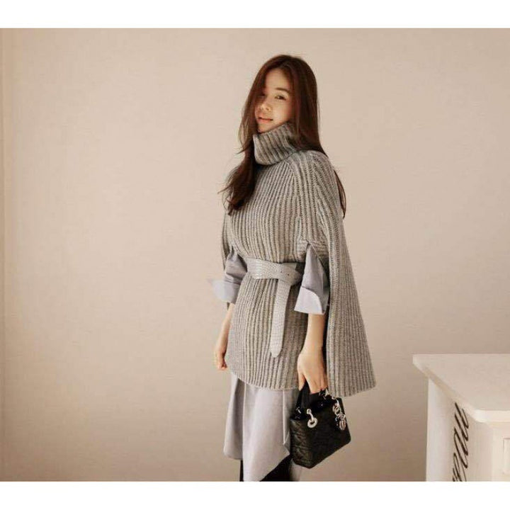Damen Modepullover mit Rollkragen und Gürtel Drune